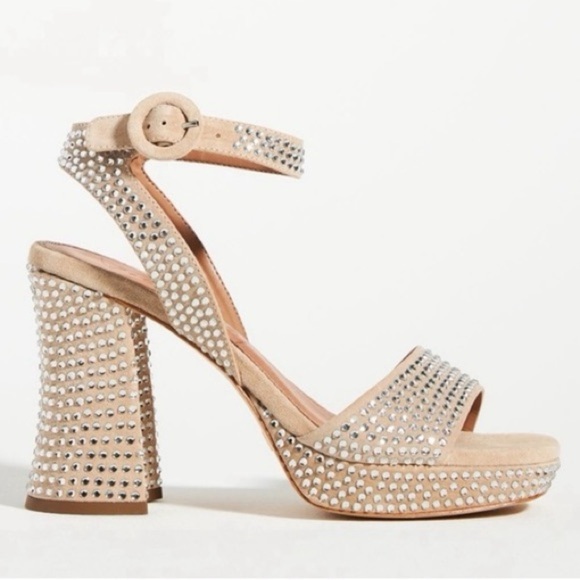 Anthropologie VICENZA Camurca Bege Diamond Gem Platform Sparkly High Heels Tan 7 - Picture 1 of 14
